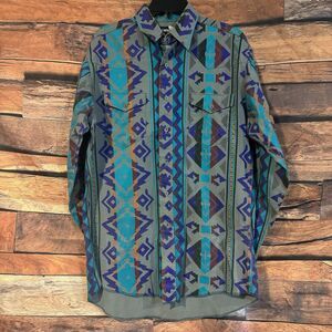 Vintage Wrangler Brushpopper Men's 15.5 x 34 Aztec Western Shirt Blue Gray 90s